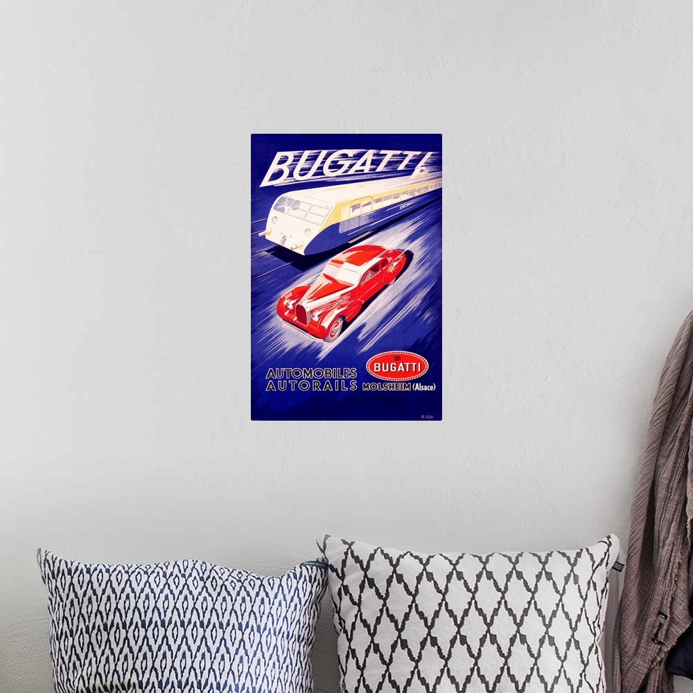 A bohemian room featuring Vintage car advertisement for Bugatti cars of a red car racing a train.