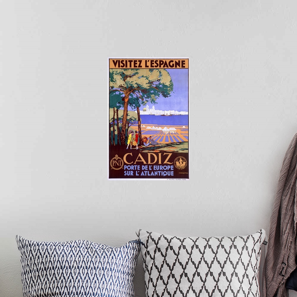 A bohemian room featuring Cadiz, Spain, Porte de lEurope, Vintage Poster