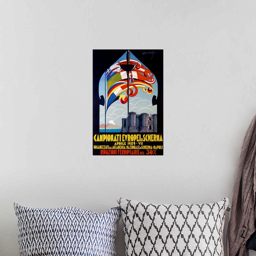 A bohemian room featuring Campionatie Europei di Scherma, Vintage Poster