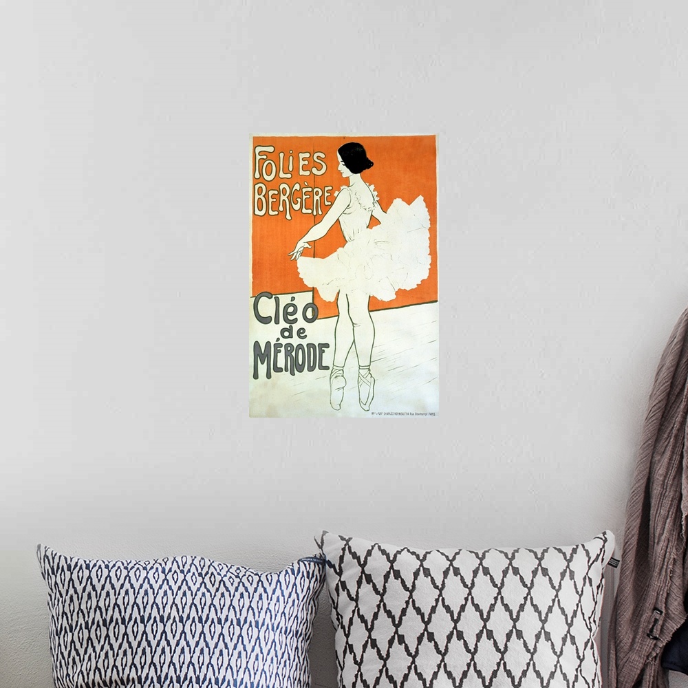 A bohemian room featuring This vintage poster is of a ballerina standing on her tip toes as she begins to twirl.