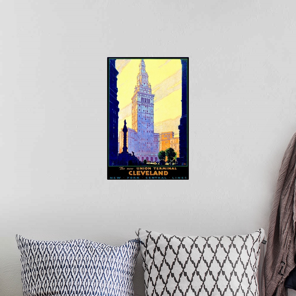 A bohemian room featuring Cleveland Union Train Terminal Vintage Advertising Poster