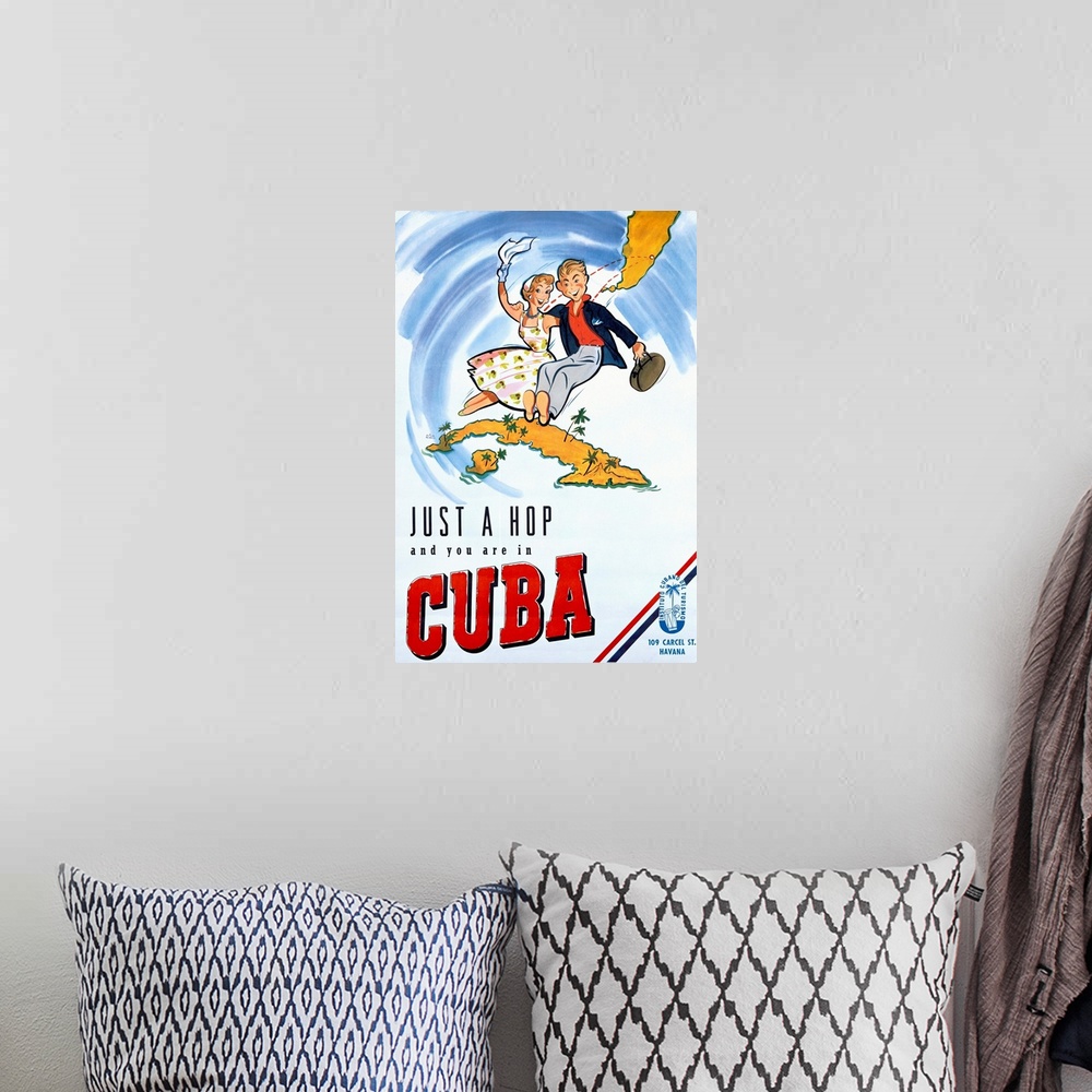 A bohemian room featuring Cuba, Just a Hop and you are in Cuba, Vintage Poster