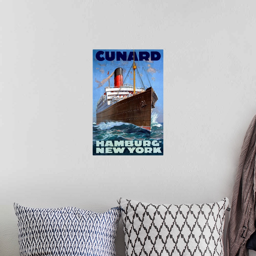 A bohemian room featuring Large, vertical vintage advertisement for the Cunard Line, from Hamburg to New York.  A large shi...