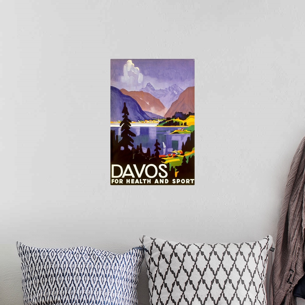 A bohemian room featuring Davos, For Health and Sport, Swiss Alps Resort, Vintage Poster
