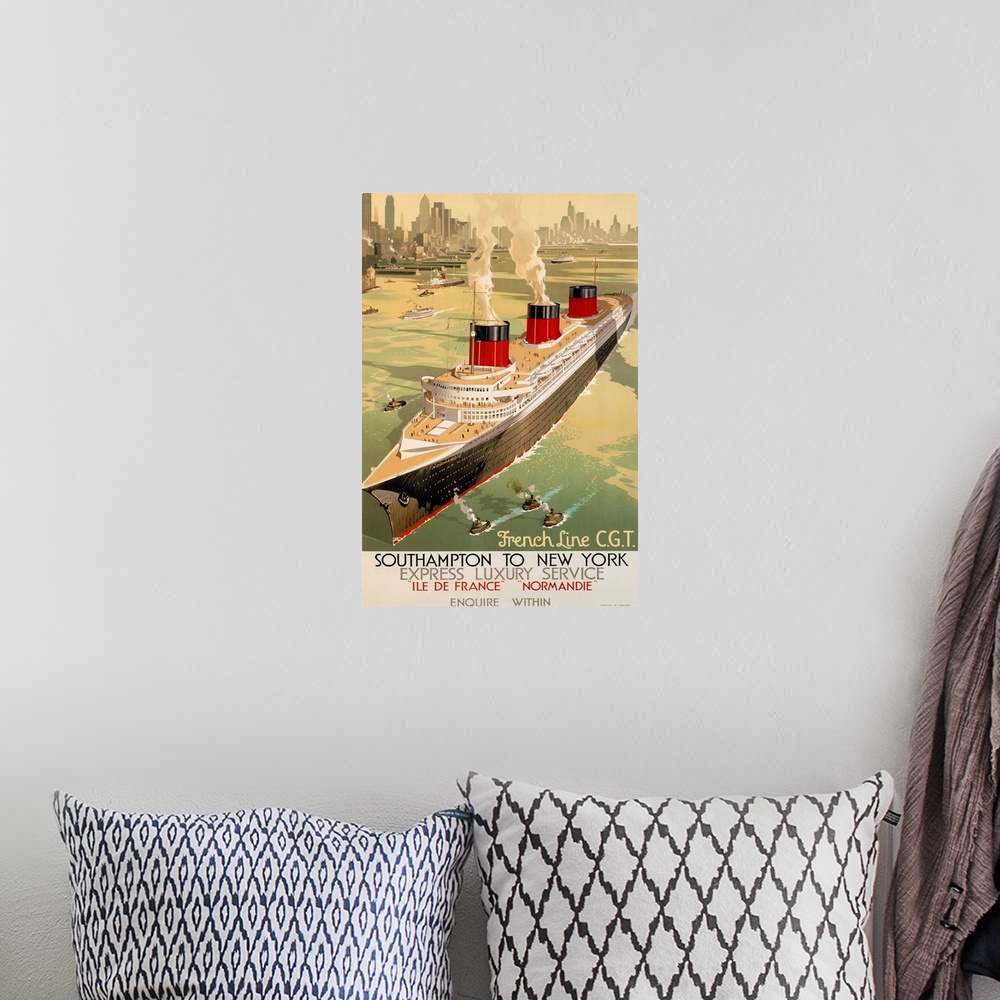 A bohemian room featuring This travel poster shows massive ship departing the New York City harbor.