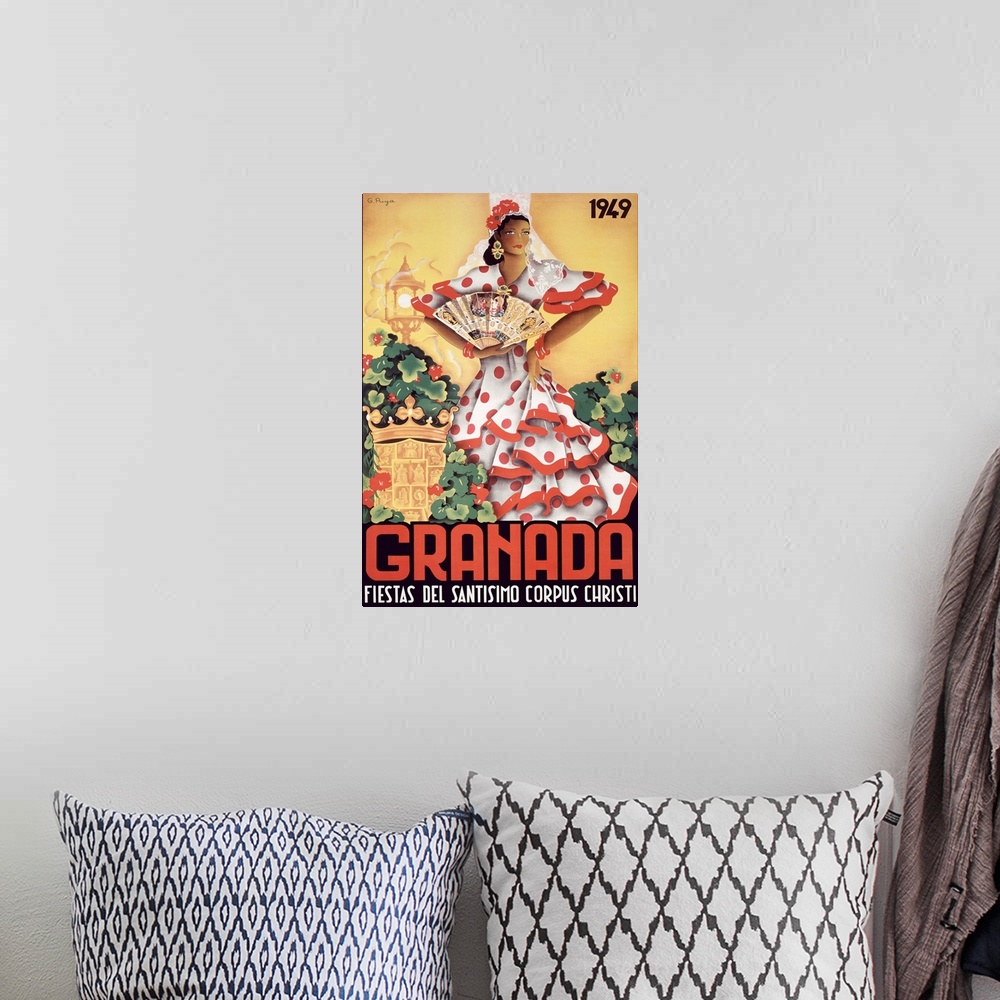 A bohemian room featuring Granada Fiestas Del Santisimo, Vintage Poster, by Puya