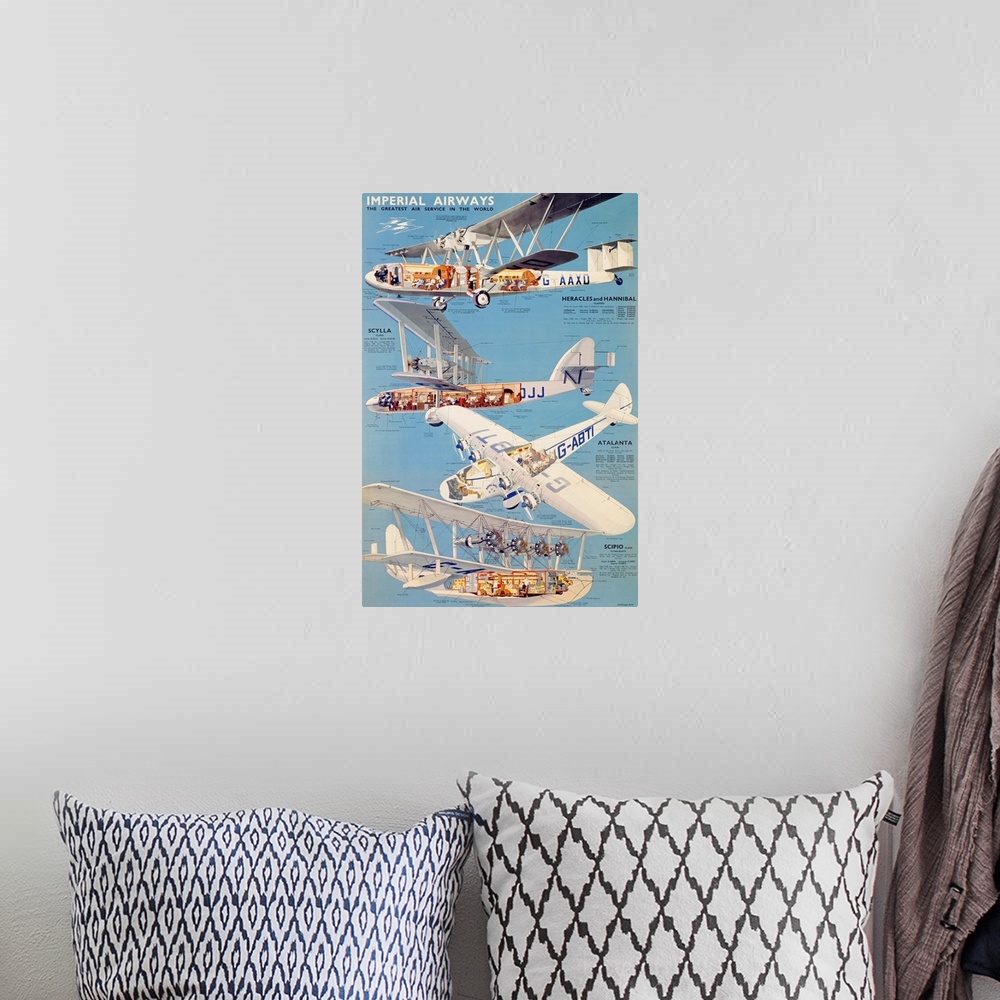A bohemian room featuring Imperial Airways, Plane Diagram, Vintage Poster