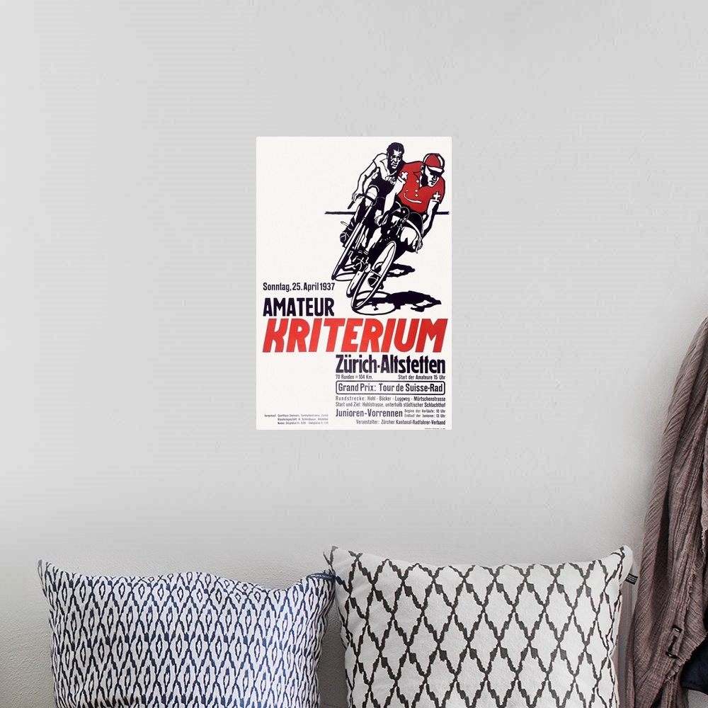 A bohemian room featuring Kriterium Bicycle Race, 1937, Vintage Poster
