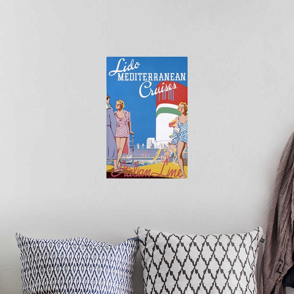 A bohemian room featuring Lido Mediterranean Cruises, Italian Line, Vintage Poster