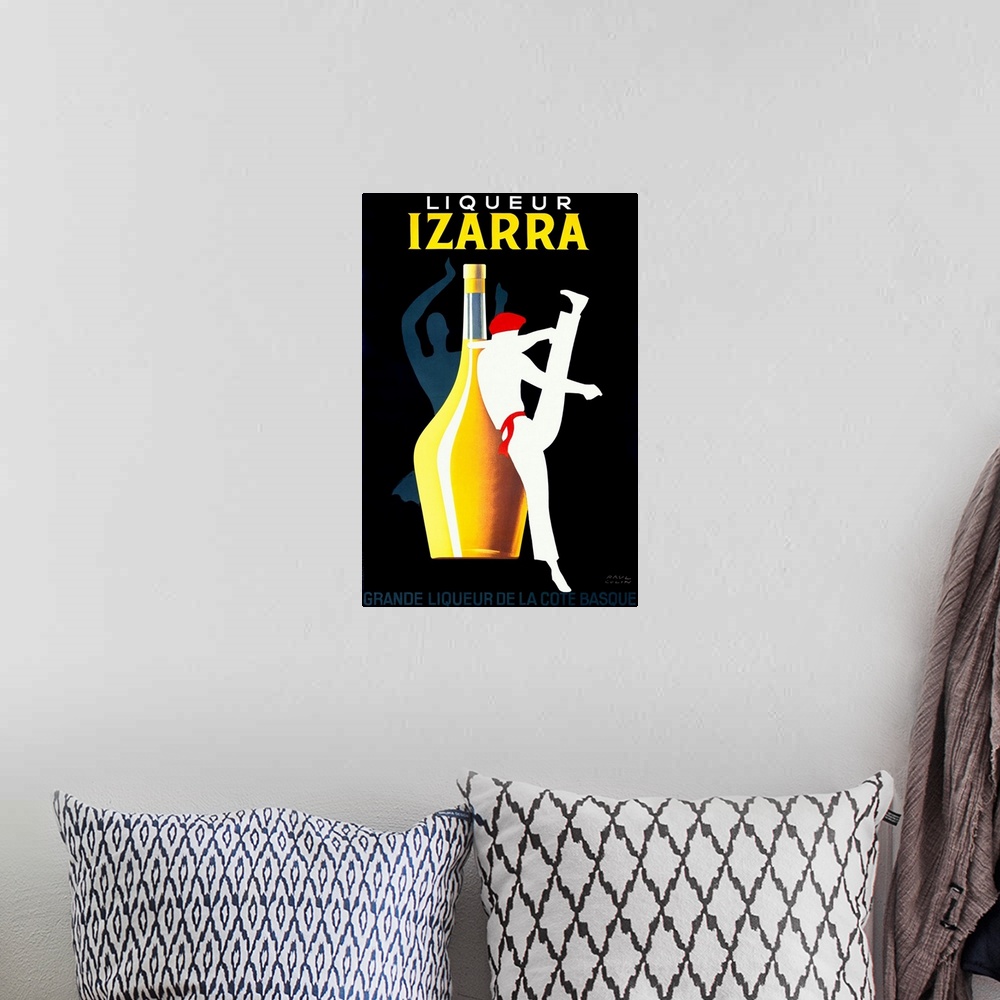 A bohemian room featuring Art Deco poster by Paul Colin advertising Liqueur Izarra.