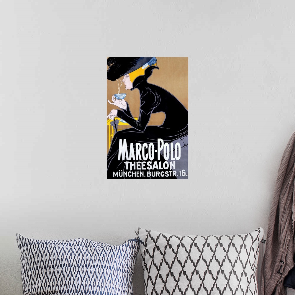A bohemian room featuring Vintage poster of a woman in a black dress wearing an elaborate black as she sits and hunches ove...