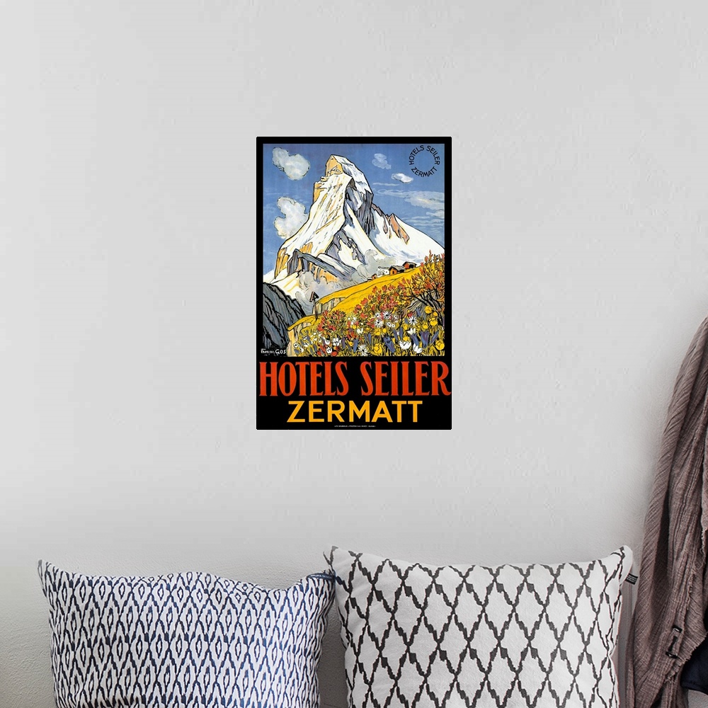 A bohemian room featuring Matterhorn, Hotel Seiler, Vintage Poster, by Gachons
