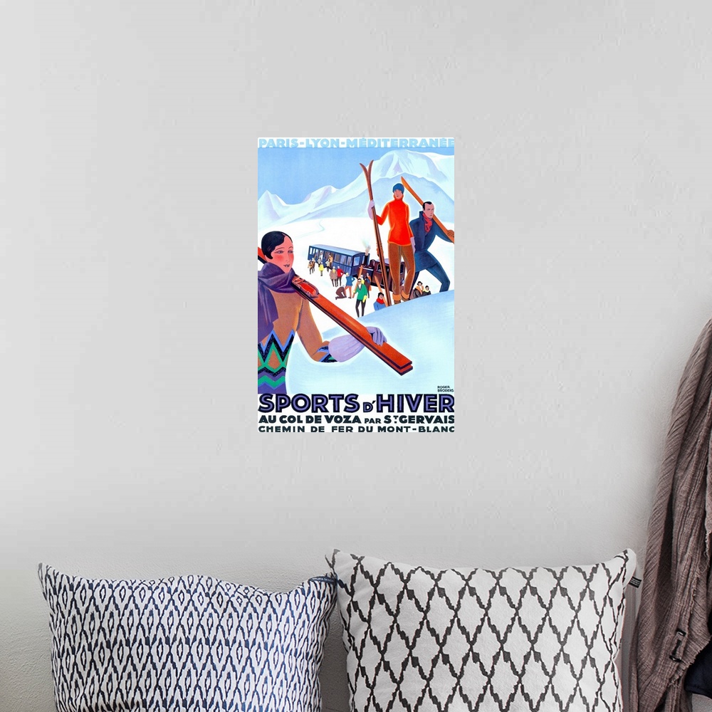 A bohemian room featuring Old advertising poster for vacation travel.  Colorful image of skiers unloading from a trolley in...