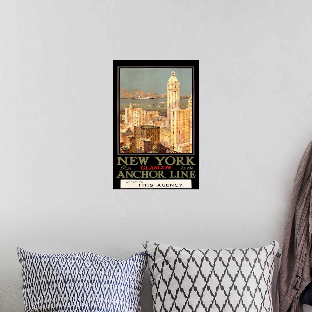 A bohemian room featuring New York, Anchor Line, Vintage Poster