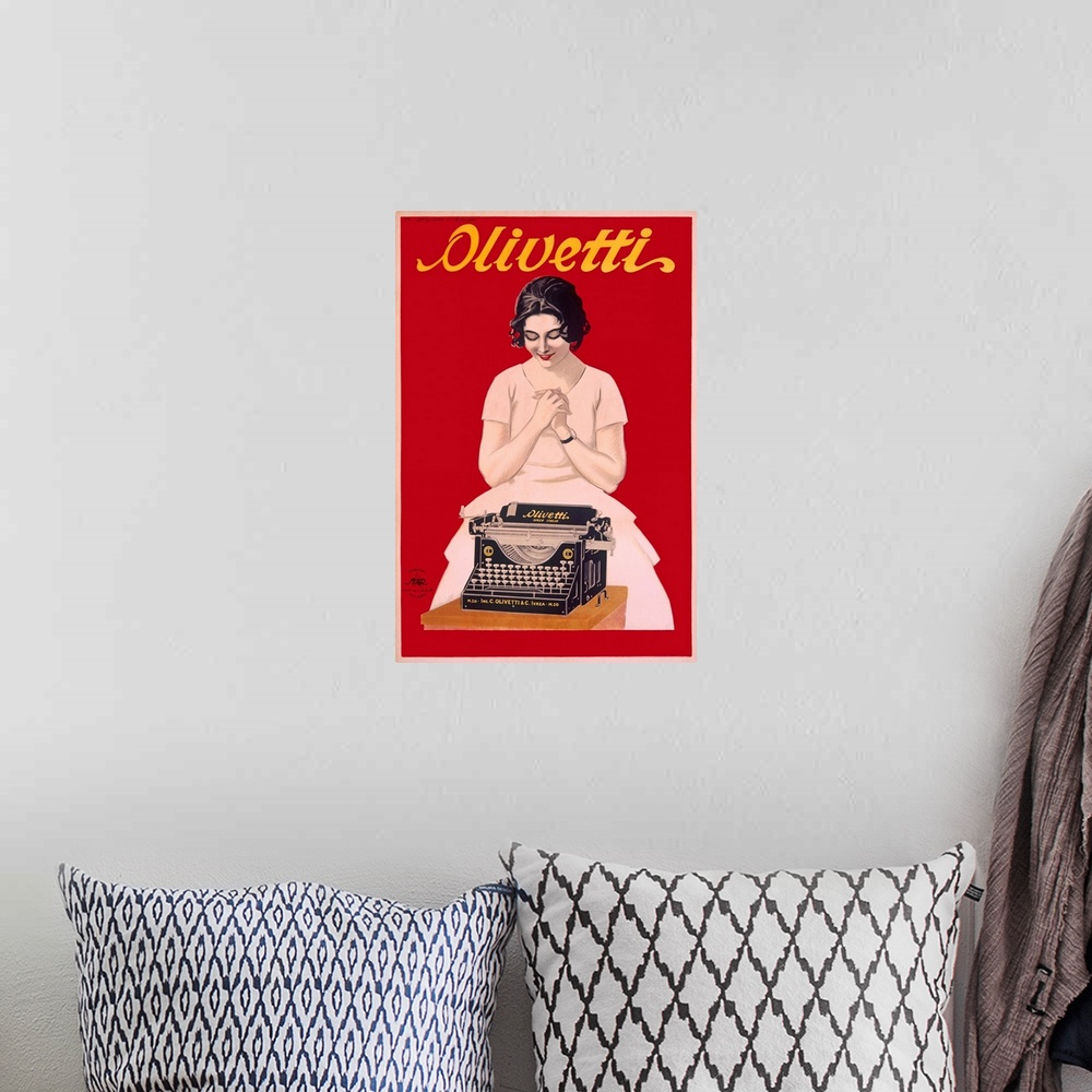 A bohemian room featuring Large, vertical, vintage advertisement for Olivetti typewriters, a woman in a dress, happily look...