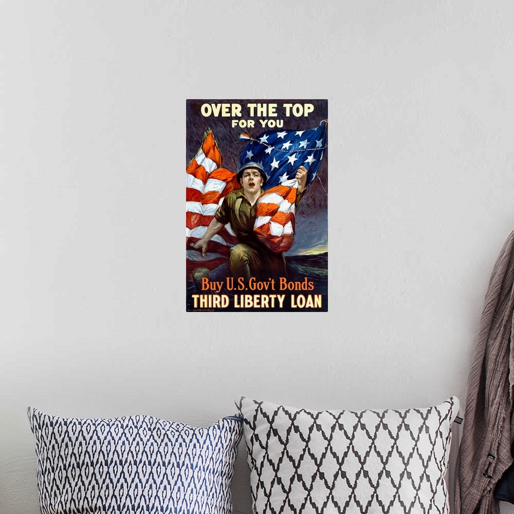 A bohemian room featuring Over the Top for You, Third Liberty Loan, Vintage Poster, by Reisenberg
