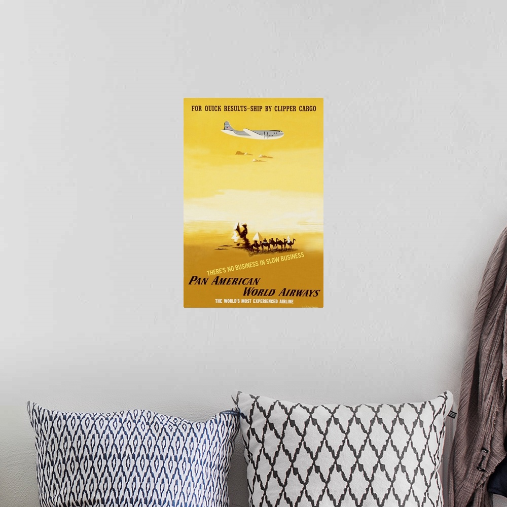A bohemian room featuring This is a vertical retro advertisement of a cargo plane flying over a drawing of the Sphinx and c...