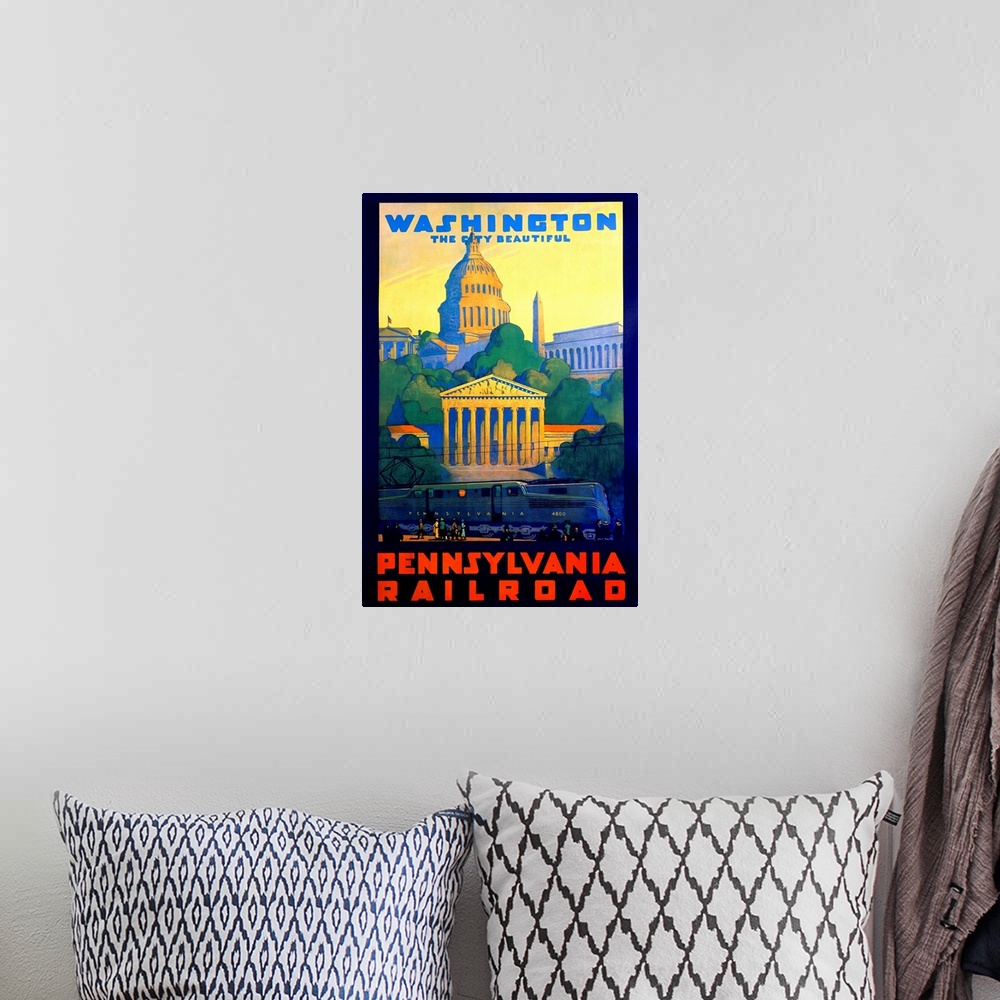 A bohemian room featuring Tall antique poster advertisement with the different iconic D.C. monuments with a big train in fr...
