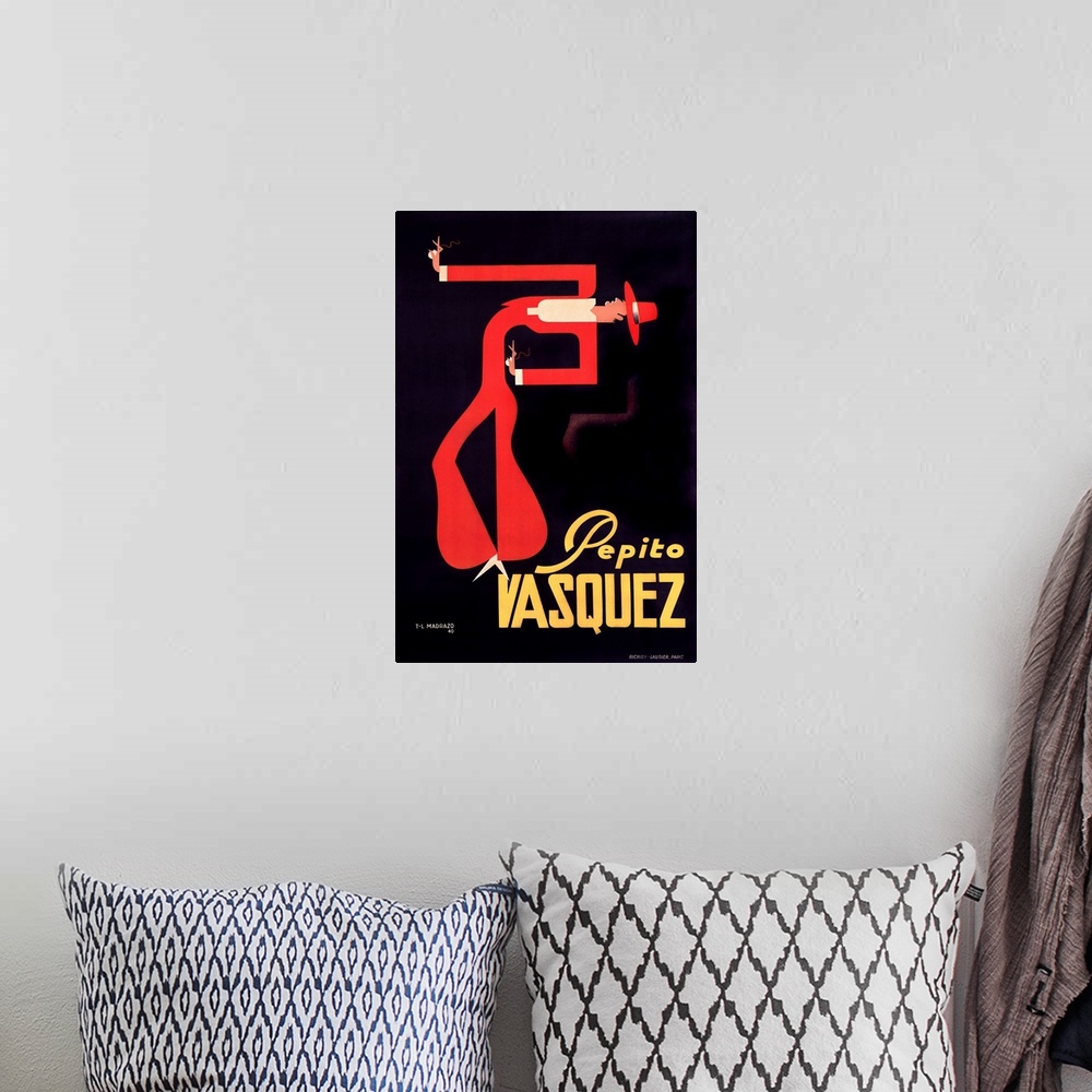 A bohemian room featuring Vintage advertisement featuring a Spanish dancer with a sharp red hat and a matching suit, done i...