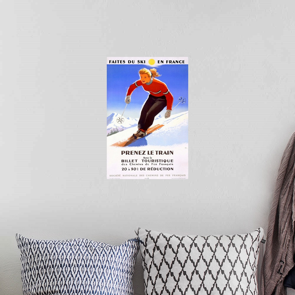 A bohemian room featuring Prenez Le Train, Downhill Snow Ski, Vintage Poster