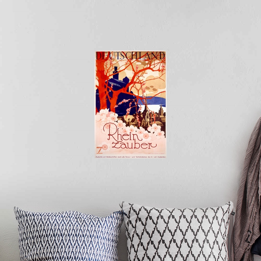 A bohemian room featuring Travel advertisement for Germany's river valley, done in a screen-printed style with an orange tr...