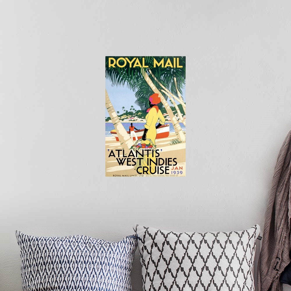 A bohemian room featuring Large, vertical vintage advertisement for Royal Mail, on the West Indies Cruise, Atlantis.  A wom...