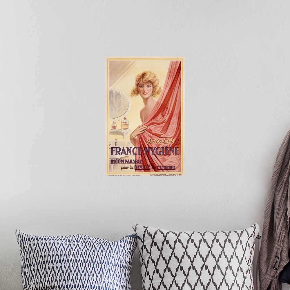 A bohemian room featuring Savon France Hygiene, Vintage Poster