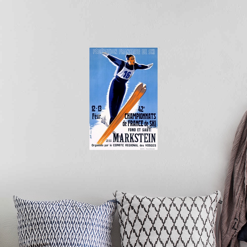 A bohemian room featuring Ski Championship, 42nd Championnats de France de Ski, Vintage Poster