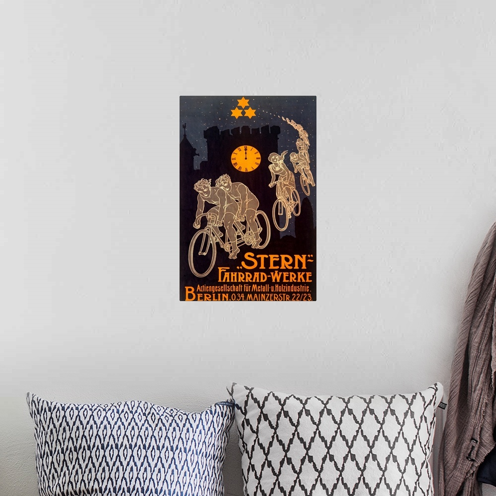 A bohemian room featuring Old advertising poster with trail of bicyclers with block tower silhouette in background.