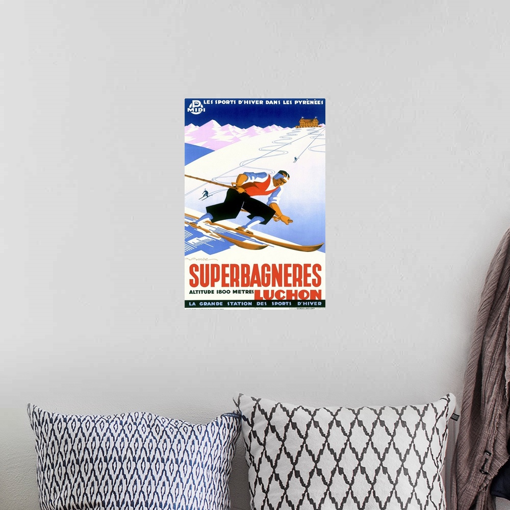 A bohemian room featuring Superbagneres, Skier, Vintage Poster, by Gaston Gorde