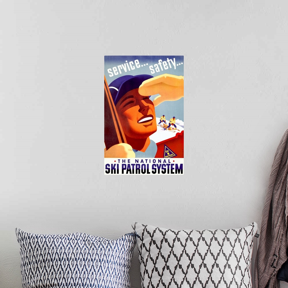 A bohemian room featuring Vertical, large vintage advertisement for The National Ski Patrol System, a close up of a ski pat...