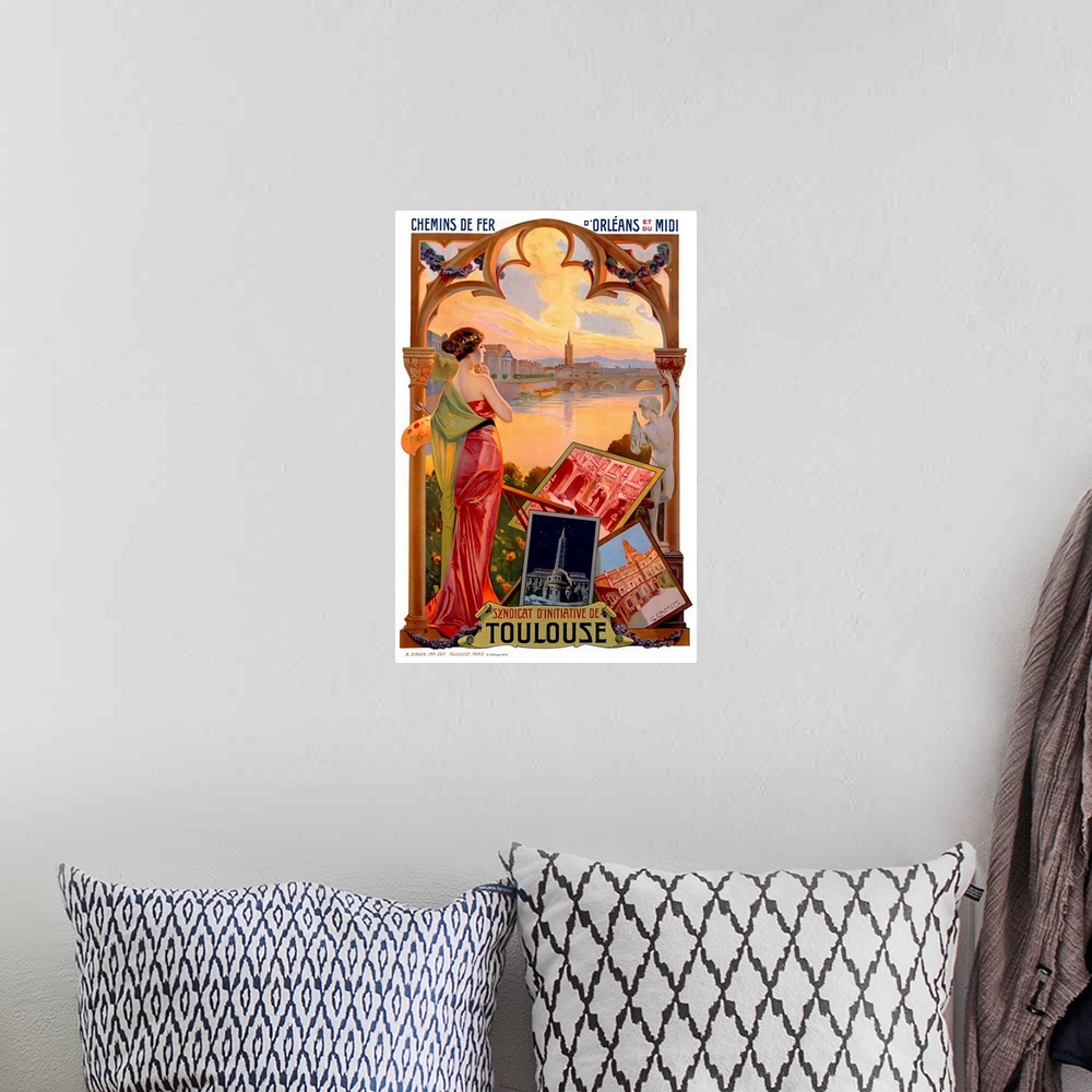 A bohemian room featuring Vintage artwork that shows a woman painting works of art with a view of a city on the water shown...
