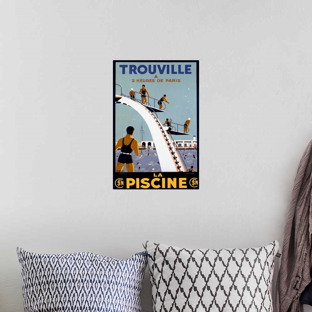 A bohemian room featuring Trouville, La Piscine, Vintage Poster, by Molusson