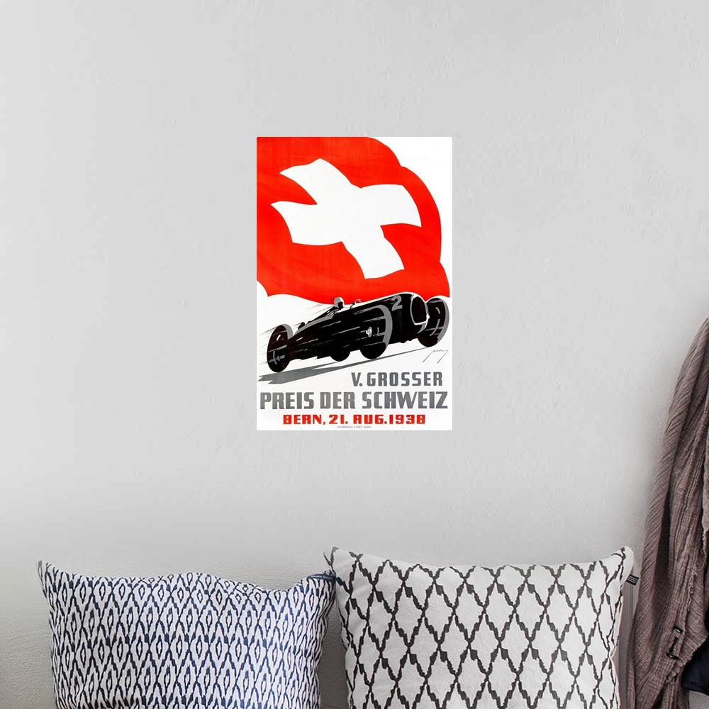 A bohemian room featuring Retro styled poster printed on canvas of a racecar.