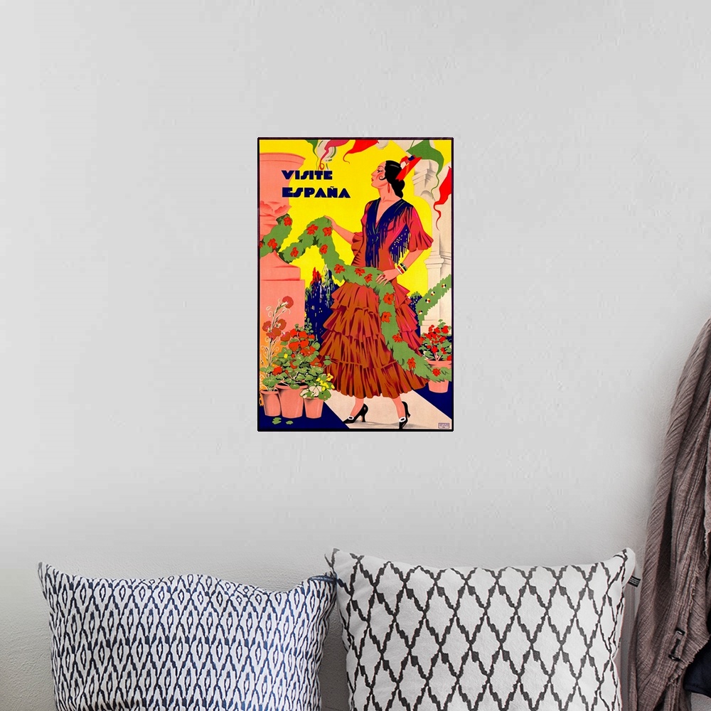 A bohemian room featuring Visite Espana, Vintage Poster
