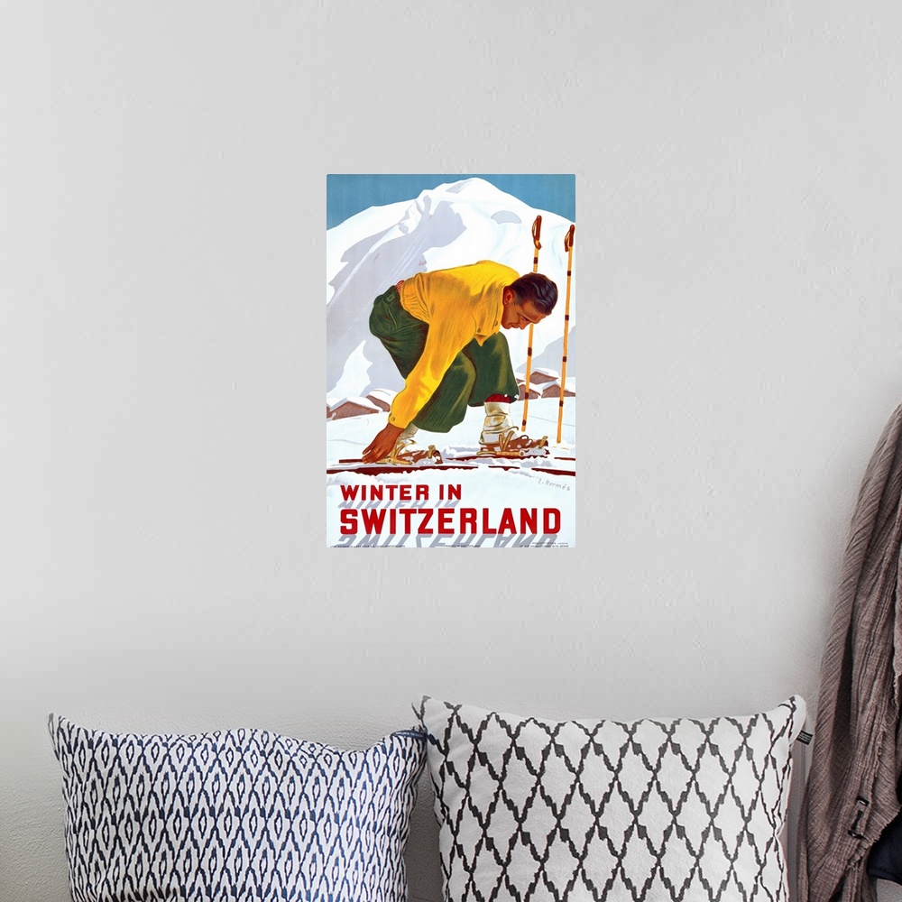 A bohemian room featuring Winter in Switzerland, Vintage Poster, by Erich Hermes
