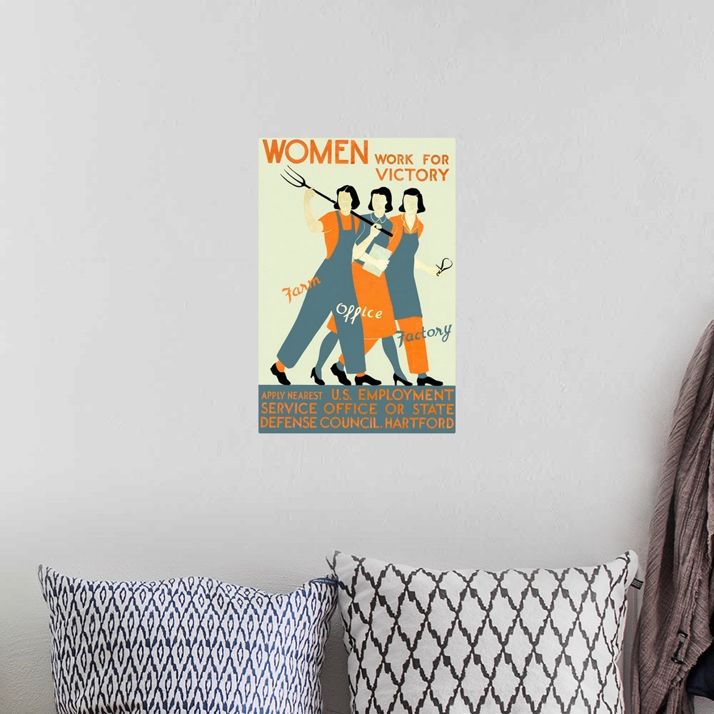 A bohemian room featuring Women, Work for Victory, Vintage Poster