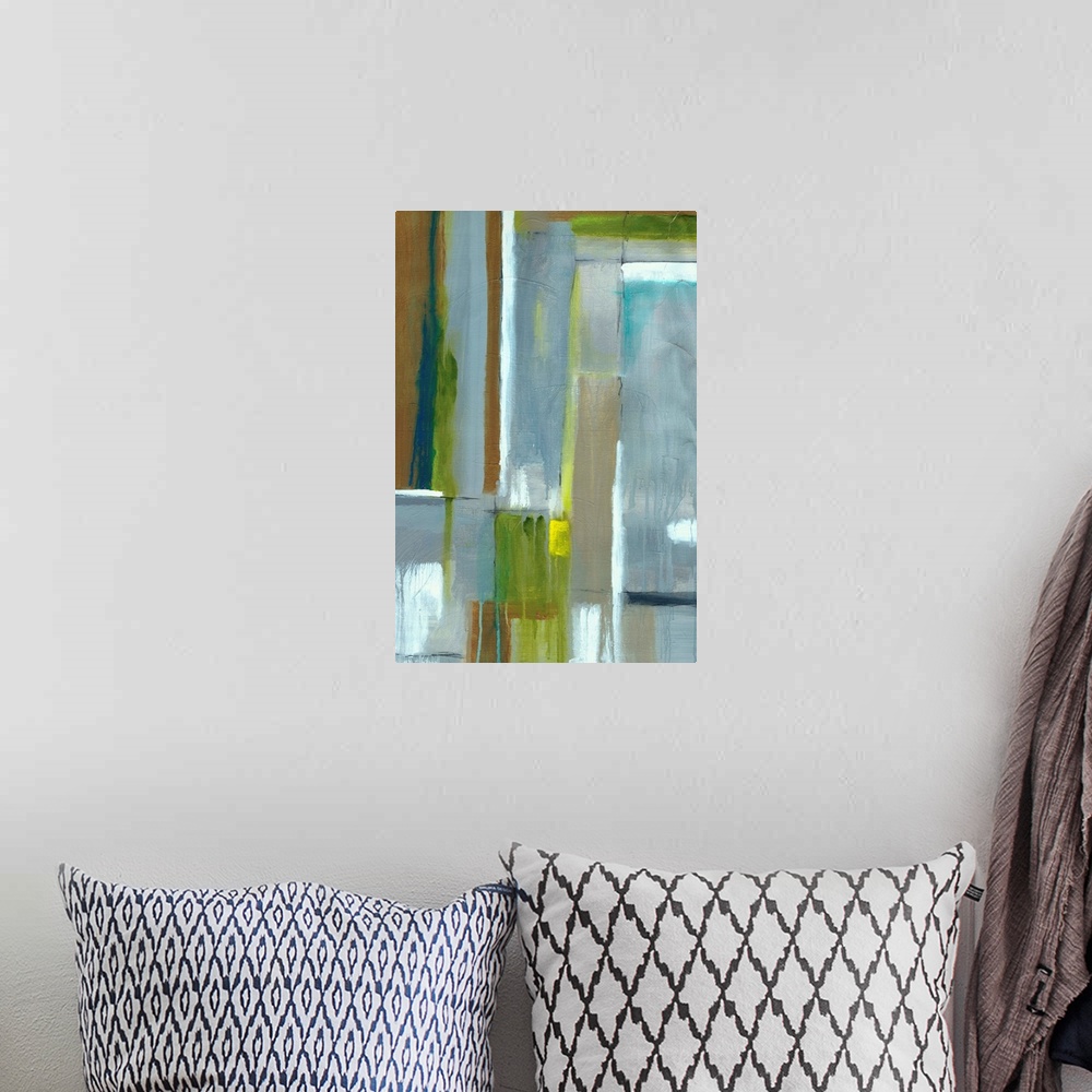 A bohemian room featuring Contemporary abstract home decor artwork using cool tones.