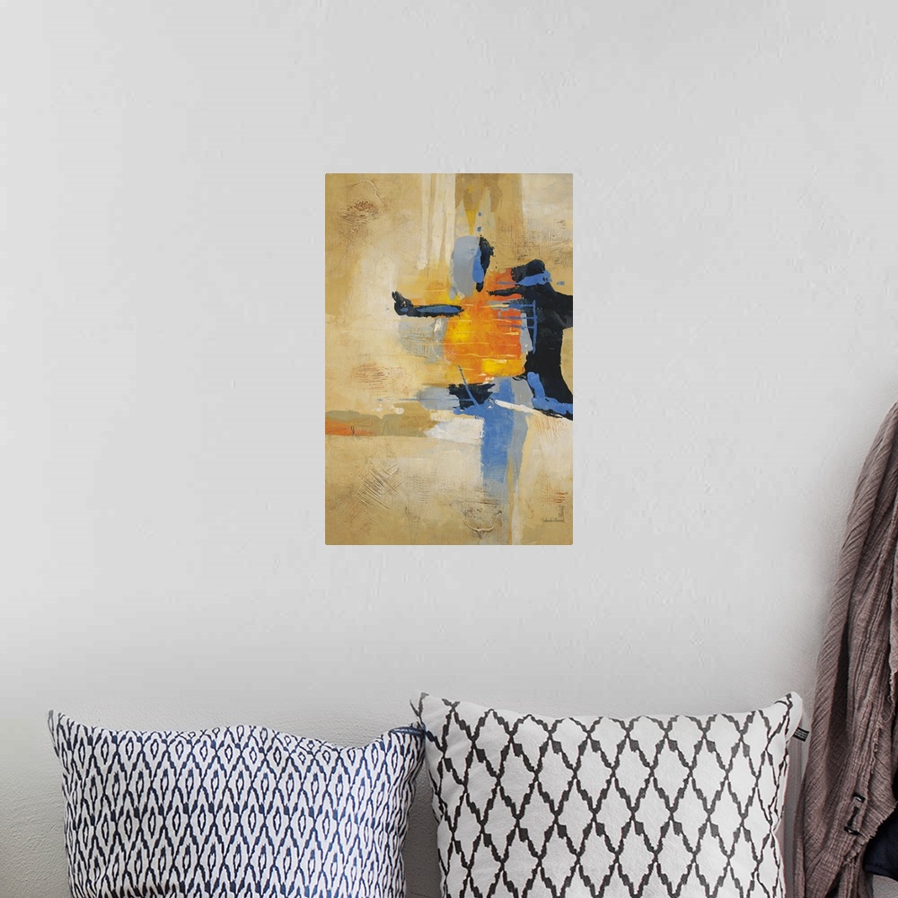 A bohemian room featuring Contemporary abstract artwork using warm and cool tones in a geometric rhythm.