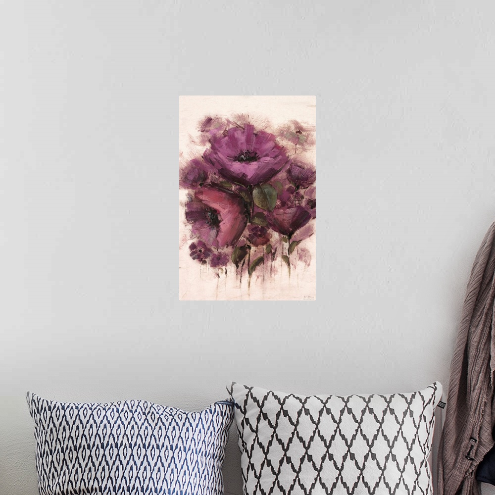 A bohemian room featuring Contemporary artwork of vibrant purple flowers against a cream background.