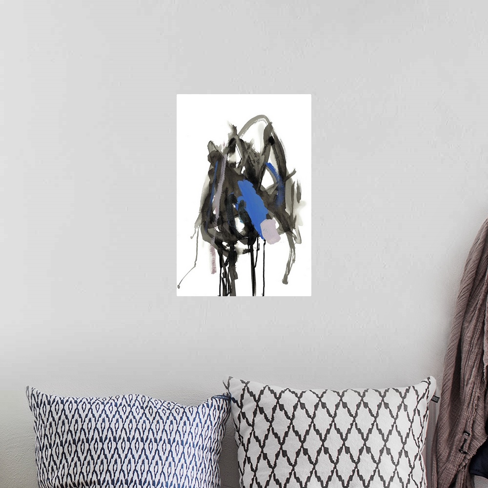 A bohemian room featuring Contemporary abstract painting in grey and blue with dripping paint.