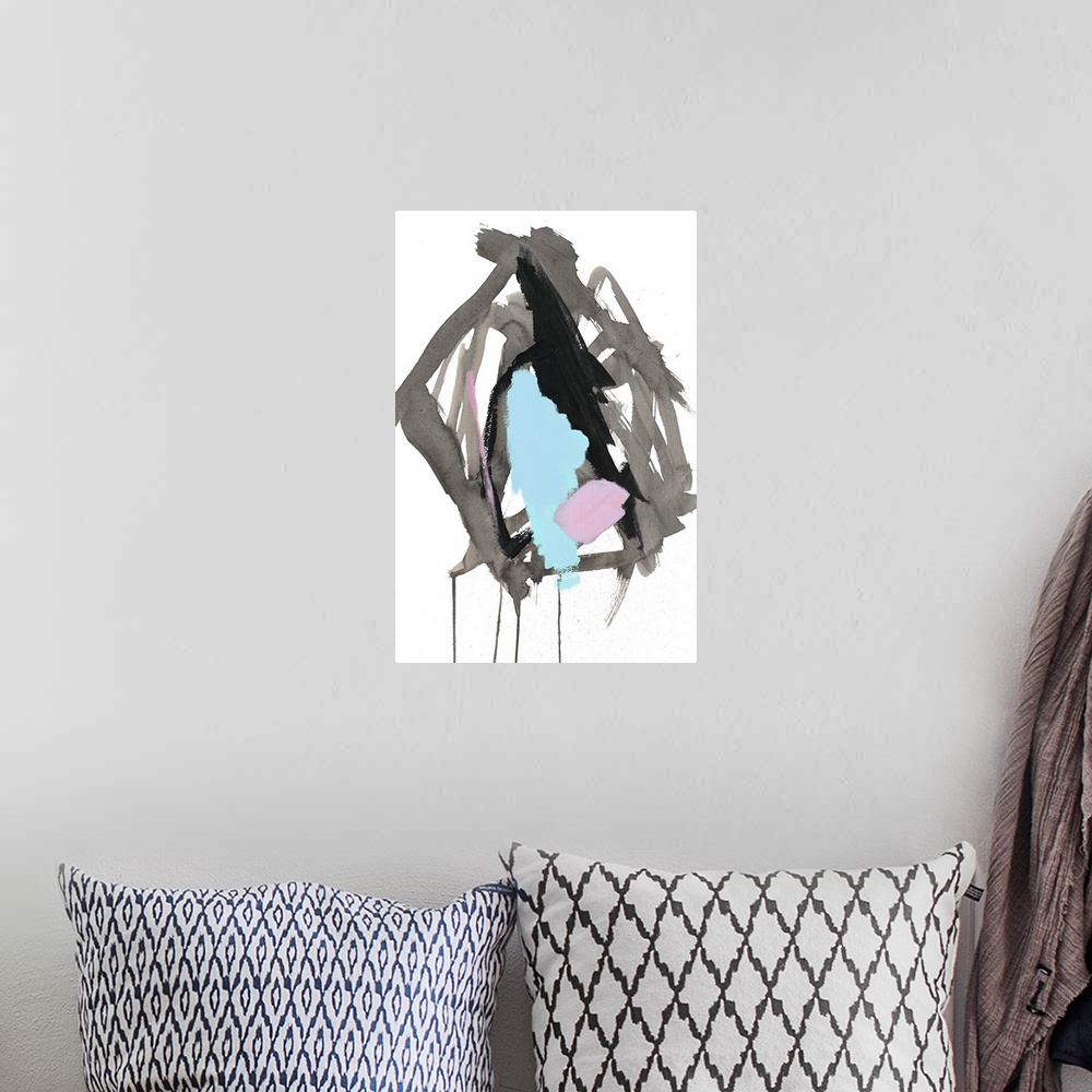 A bohemian room featuring Contemporary abstract painting in grey and light blue with dripping paint.