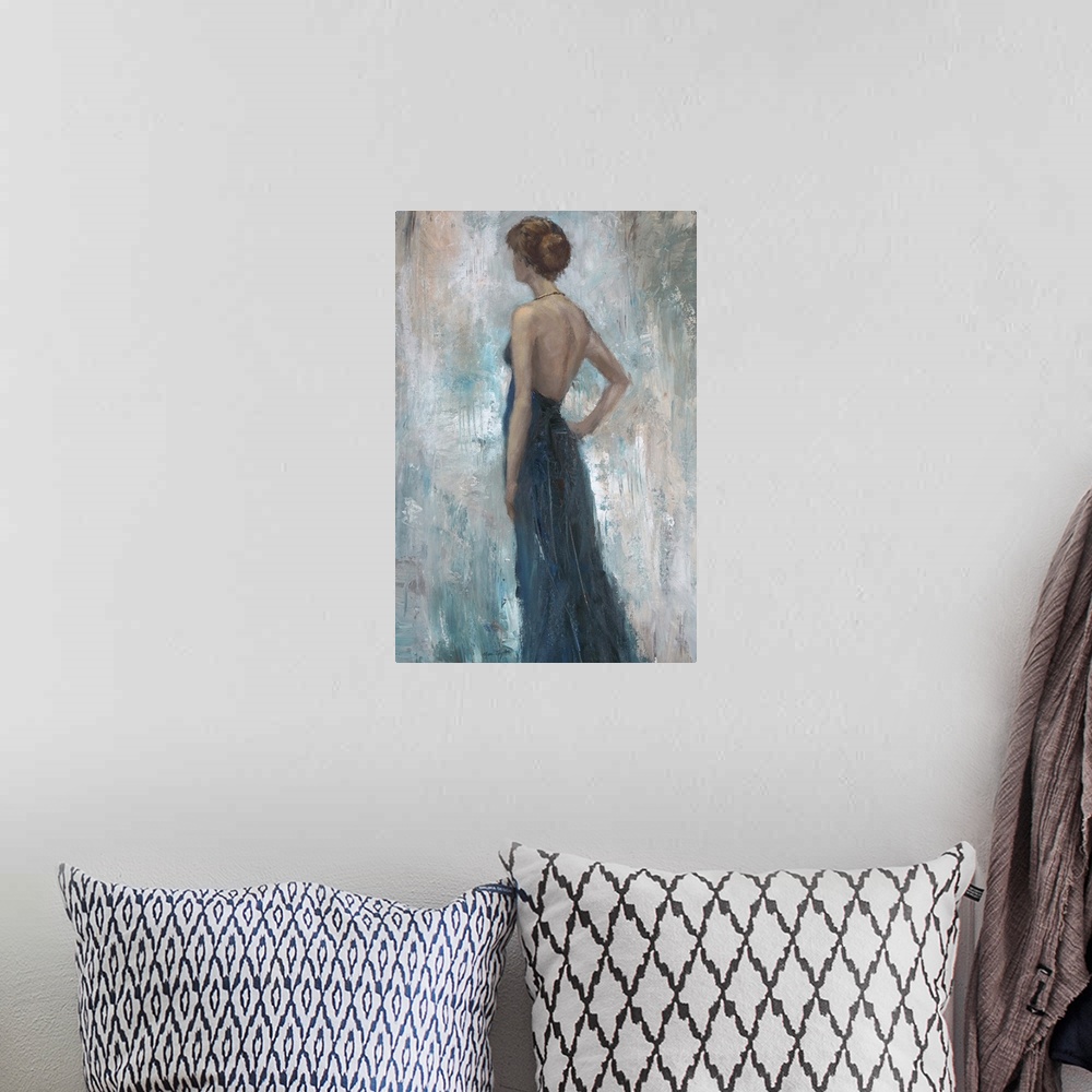 A bohemian room featuring Contemporary painting of a woman wearing a blue dress looking to her left.