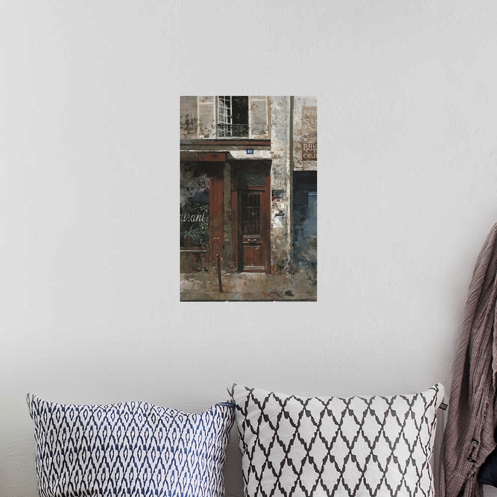 A bohemian room featuring Contemporary painting of a red door and storefront downtown in a city.