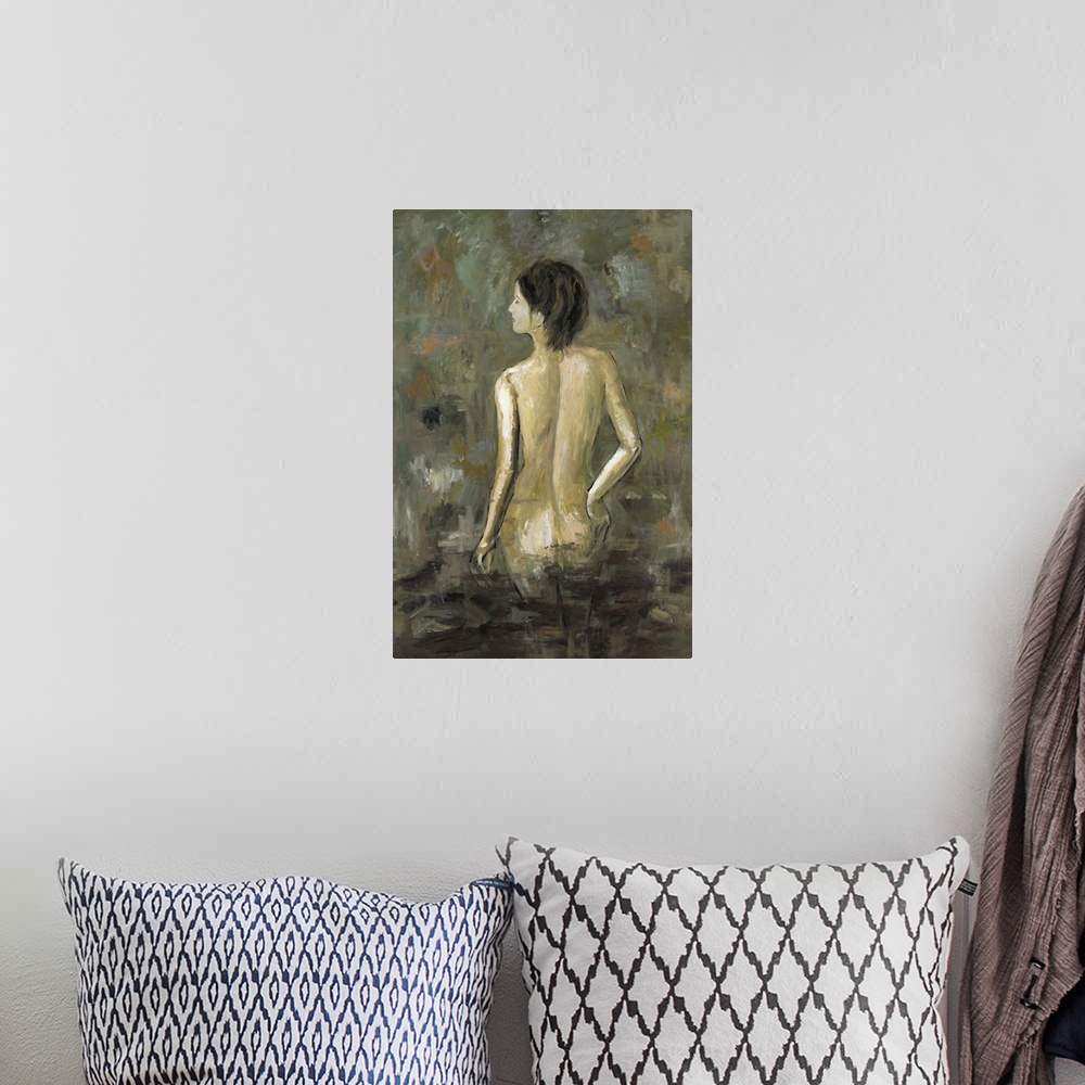 A bohemian room featuring Contemporary artwork of a rear view of a nude woman.