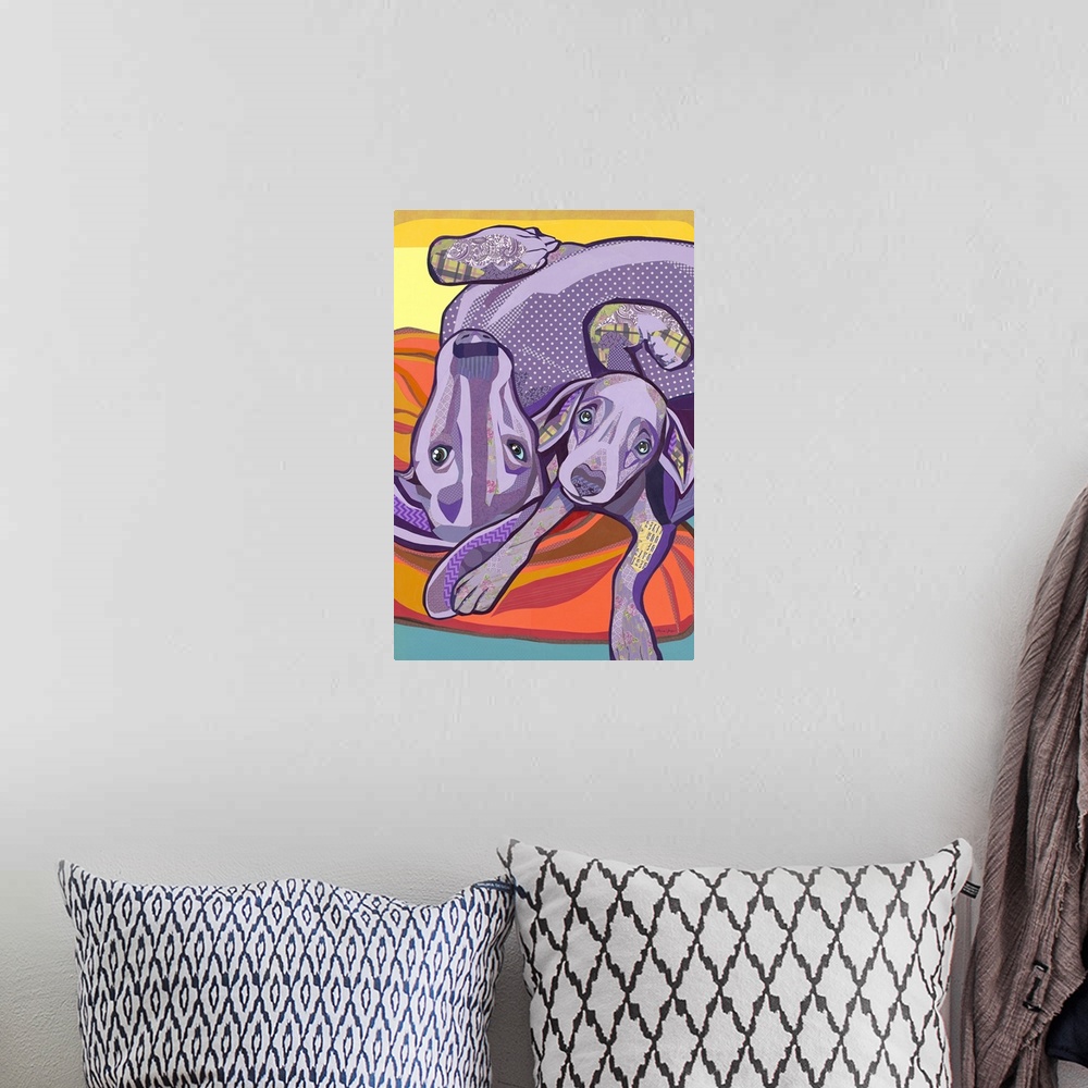 A bohemian room featuring Colorful collage artwork of mom and puppy Weimaraner snuggling together.