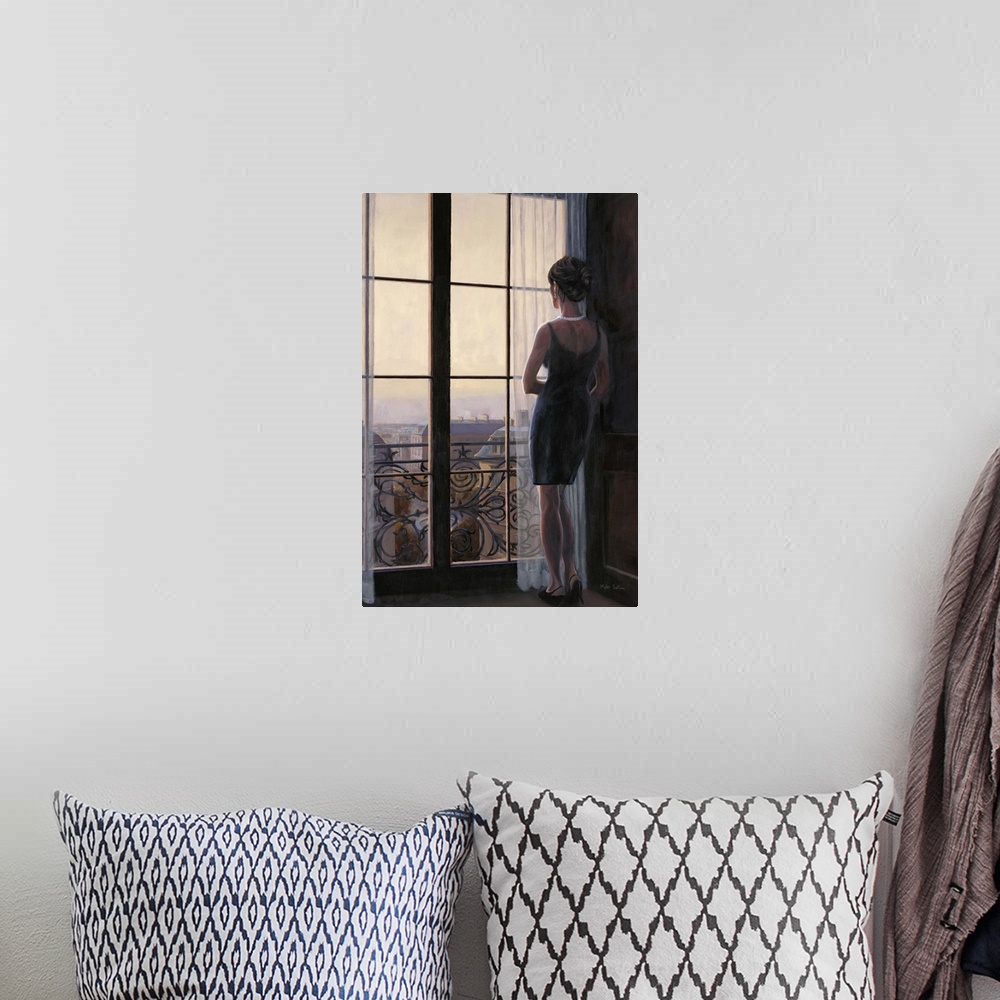 A bohemian room featuring Contemporary painting of a woman looking out a window onto the city of Paris.