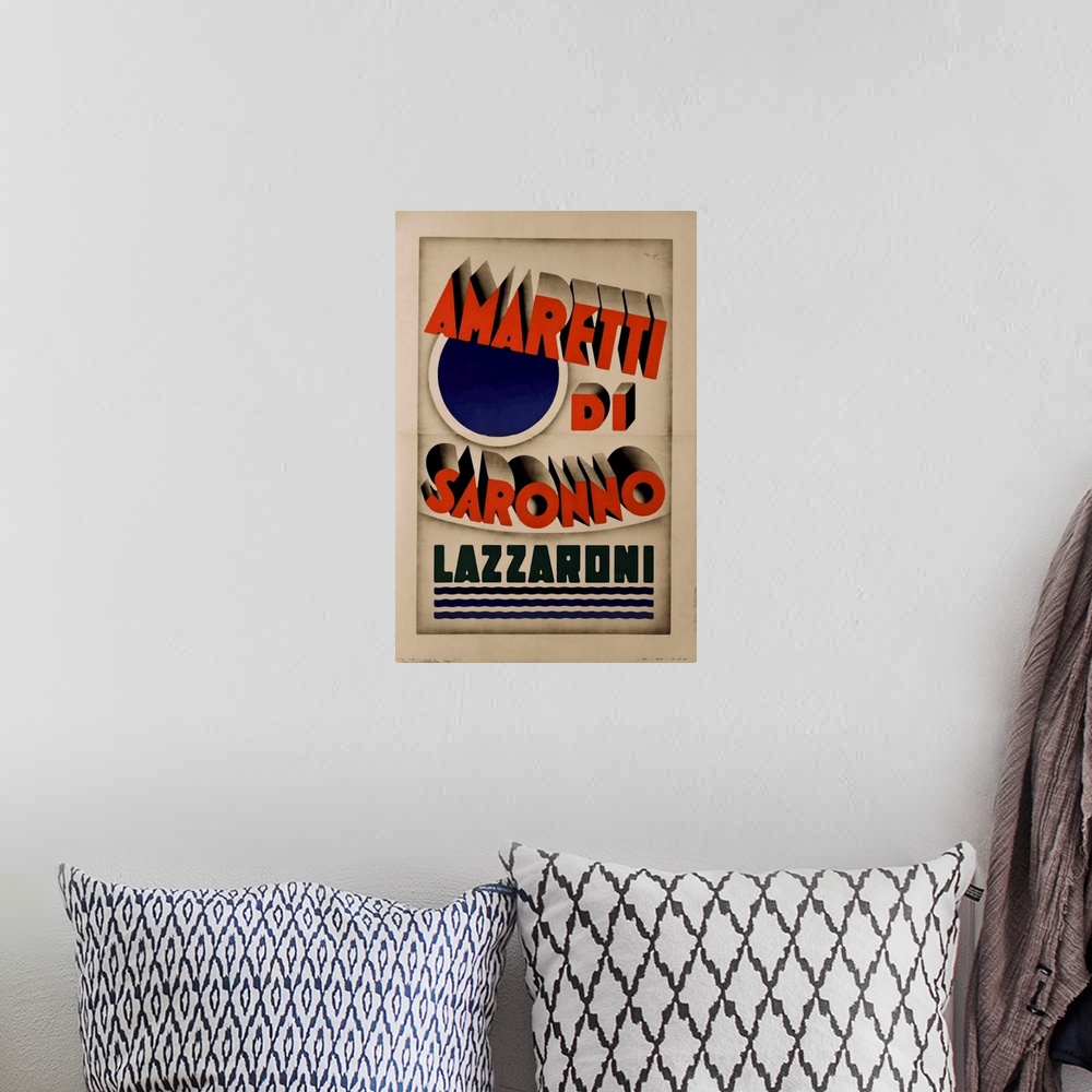 A bohemian room featuring Vintage poster advertisement for Amaretti.