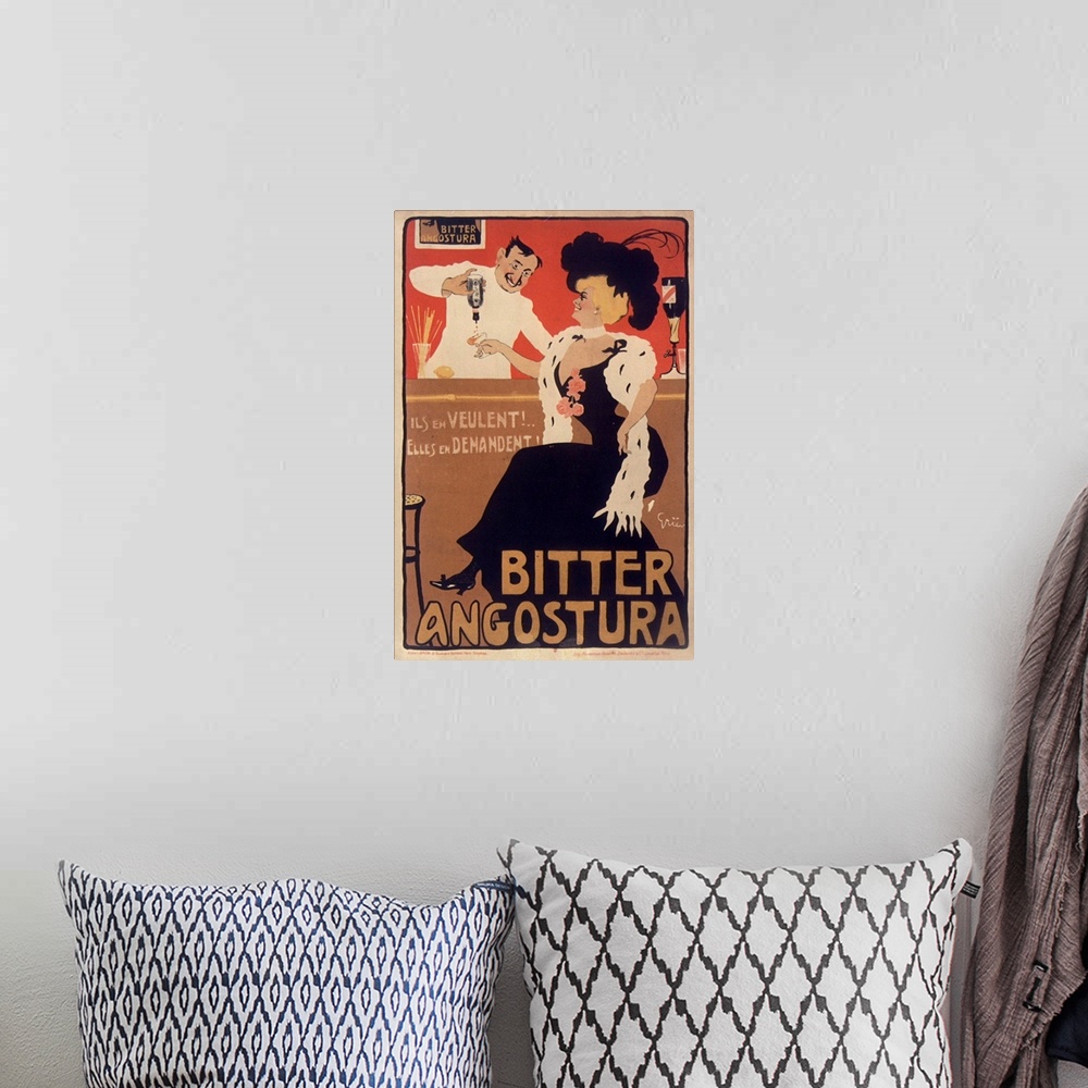 A bohemian room featuring Vintage poster advertisement for Angostora Bitters.
