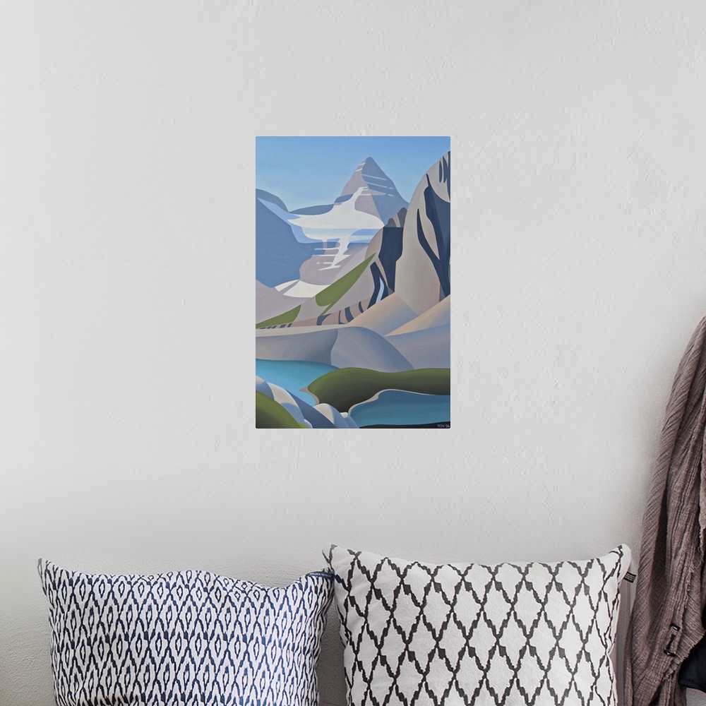 A bohemian room featuring Contemporary painting of mountain scape, with a lake at the base.